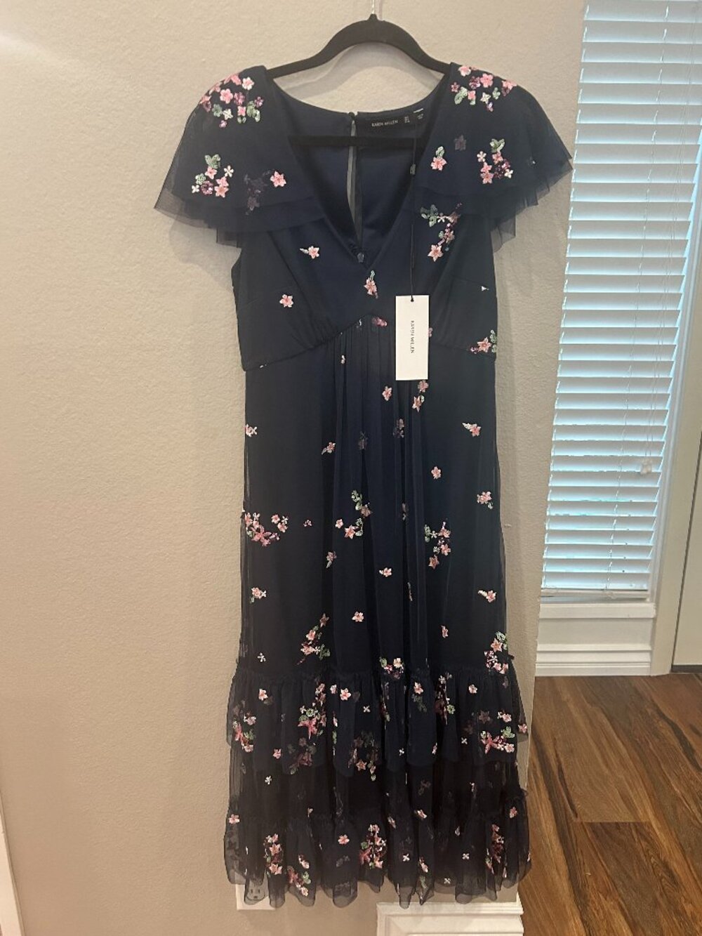 NWT FLORAL EMBROIDERED SEQUINS KAREN MILLEN NAVY BLUE SHEER DRESS/LINING,SZ:US:4